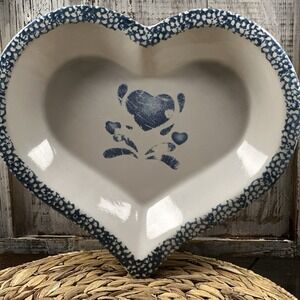 Vintage Blue Spatter or Sponge Stoneware Heart Shape Pie Pan or Bowl Grandmacore